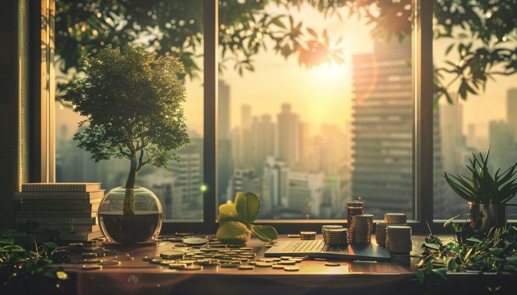 Tall building office view of coins on the table and dusk on the horizon - Take Control of your Financial Future